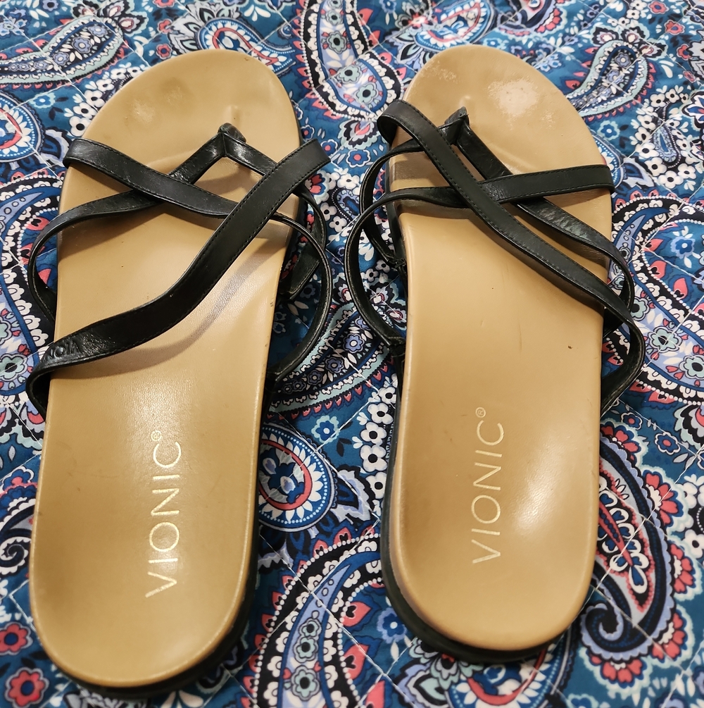 Vionic Black Strappy Tan Footbed Slide Sandals